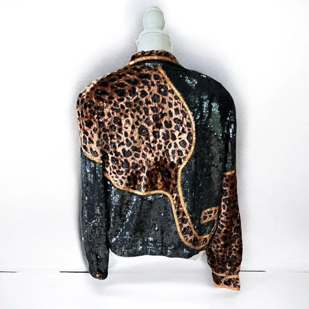 🌻Vintage MODI Exotic Leopard Jeweled Beaded Silk Jacket Circa 1980s Size Medium - Picture 9 of 12